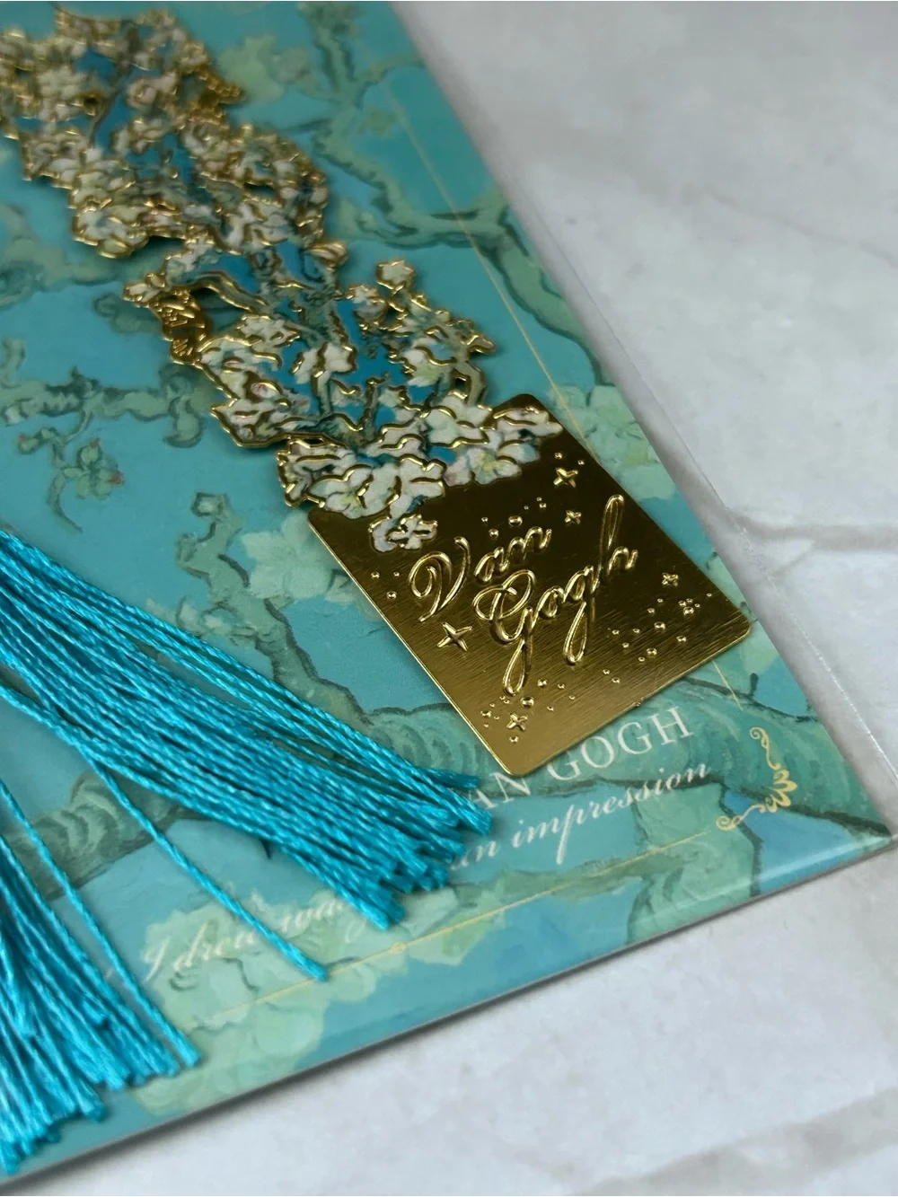 Van Gogh Floral Gold Bookmark with Turquoise Tassel